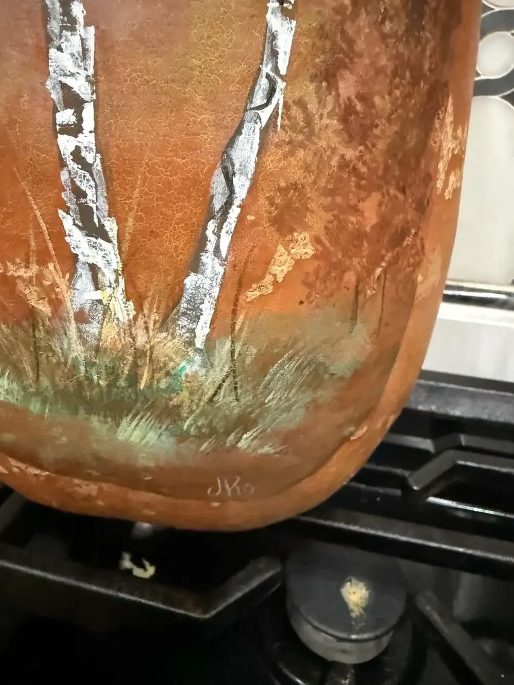 Hand Painted Birch Tree Folk Art Gourd Vase Signed JKo
